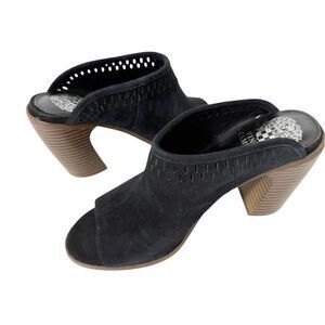 Vince Camuto Merlyna Black Suede Perforated Peep Toe Heel Mules Size 7